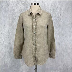 POETRY Linen Button Up Ruffle Top Beige Long Sleeve Classic Preppy Lagenlook
